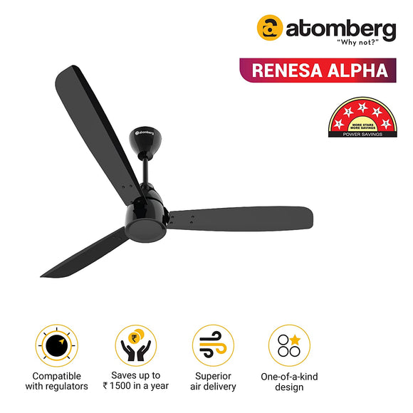 Atomberg Renesa Alpha 5 Star BEE Rated 1200 mm BLDC Motor with Remote 3 Blade Ceiling Fan Black