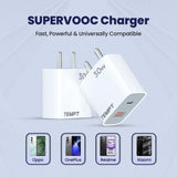 Tempt Bolt 30W QC+PD Charger with Dual Port USB-A & Type-C Includes 1m 6A SuperVOOC Cable