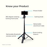 DIGITEK DTR-525 SS 160 CM Long Tripod Selfie Stick with Wireless Remote, Aluminum Rod with 3 Legs Base, 360° Head, GoPro Adapter, 7 Section Adjustment - Compatible with Phones & Action Cameras