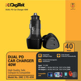 Digitek DMC 2PD 40W Dual Port Fast Car Charger with Dual Type-C PD Ports, Fast Charging