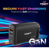 Tempt® Alpha 65W Dual Port Smart Fast Charging Adaptor with GaN Technology, Multi-Layer Protection Without Cable Black