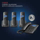 Motorola C4203 Voice C42 Corded Phone System + 3 Digital Cordless Handsets w/Answering Machine, Call Block - Black
