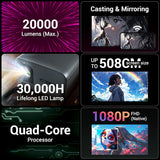 ZEBRONICS PIXAPLAY 59, Smart Projector, 1080p, 20000 Lumens, 200" Screen Size, Auto