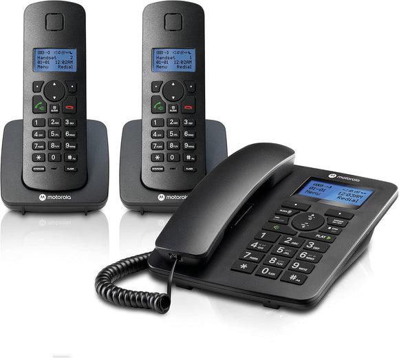 Motorola C4202 Voice C42 Corded Phone System + 2 Digital Cordless Handsets w/Answering Machine, Call Block - Black