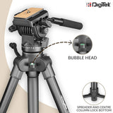 Digitek DPTR 880 PRO 165 cm Platinum Aluminum Light Weight Tripod, with Fluid Video Head, for DSLR & Video Cameras, Maximum Operating Height: 5.90 Feet, Maximum Load : 6 kgs Black