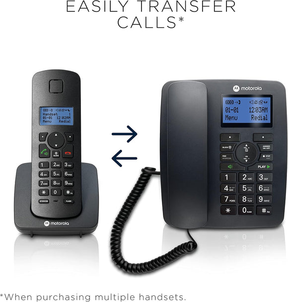 Motorola C4203 Voice C42 Corded Phone System + 3 Digital Cordless Handsets w/Answering Machine, Call Block - Black