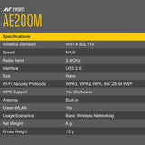 ANT ESPORTS AE200M 150 MBPS USB 2.0 WIFI DONGLE FOR DESKTOP LAPTOP PC 2.4GHZ  BROOT COMPUSOFT LLP 