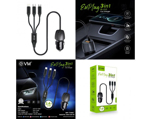 EVM USB CAR CHARGER 3 IN 1 (ENPLUG 3 IN 1) MICRO|TYPE C|IPHONE EVM-CCR-02