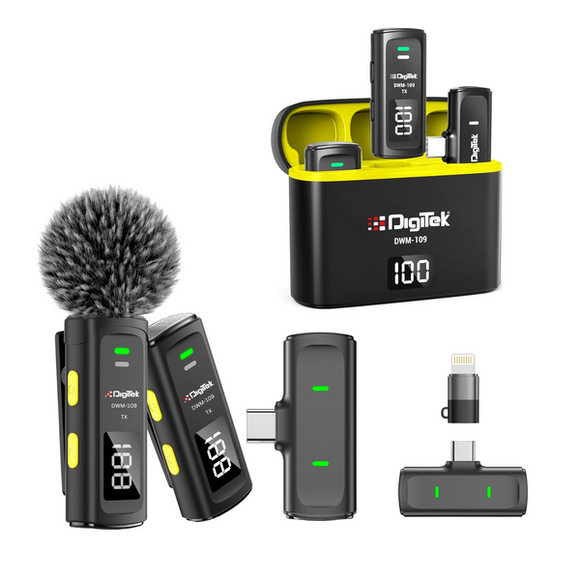 Digitek DWM-109 2-in-1 Wireless Microphone System, 50m Range, 7Hr Battery, Type-C to Lightning Converter, 2.4GHz, Noise Reduction, for Android & iPhone, Record Meeting, Interviews & More