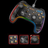 Gaming controller with rainbow color accents on a dark background