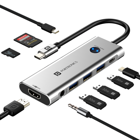 Portronics Mport One USB C Hub (9-in-1) with 4K 60Hz HDMI, 3-Port USB, HDMI On-Off Button, 100W Type-C Charging, Card Reader, 3.5mm AUX, Type C Plug for Laptop, Mac, PC