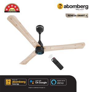 Atomberg Renesa Smart + 1200 mm BLDC Motor with Remote 3 Blade Ceiling Fan Natural Oak Wood,