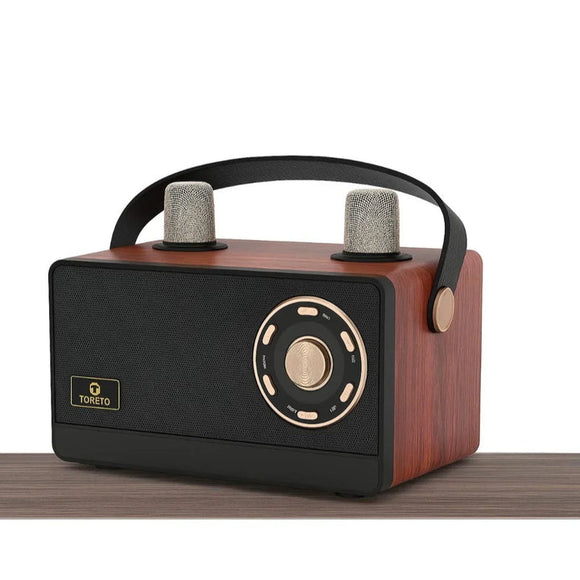 Toreto Jambox TOR-456 30W Portable Bluetooth Speaker with Dual Wireless Mic, Wooden Finish, Deep Bass, 2000mAh Battery, USB TF AUX Type-C, 5H Playtime, Karaoke & Party Speaker