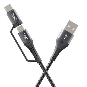 Boat Deuce USB 300 2 in 1 Type-C & Micro USB Stress Resistant, Sturdy Cable with 3A Fast Charging & 480mbps Data Transmission, 10000+ Bends Lifespan and Extended 1.5m Length Black