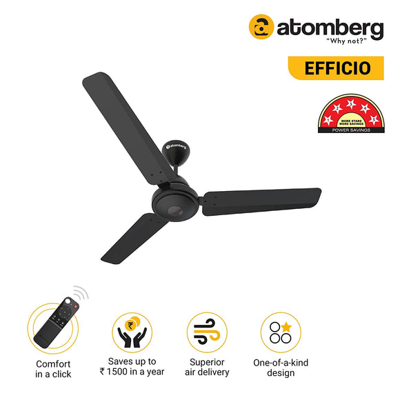 Atomberg Efficio Energy Saving 5 Star Rated 1200 mm 1200 mm BLDC Motor with Remote 3 Blade Ceiling Fan Midnight Black