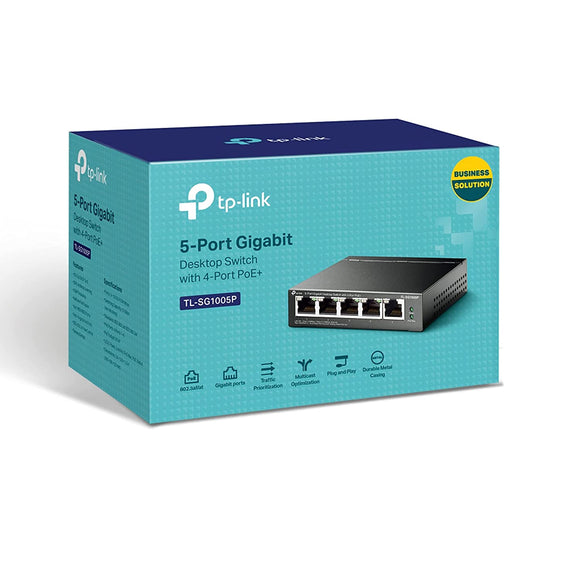 TP-Link 5 SG1005     Port Gigabit Desktop Switch  4 Port PoE 65W  802.3af Compliant Shielded Ports  Traffic Optimization  Plug and Play  Sturdy Metal