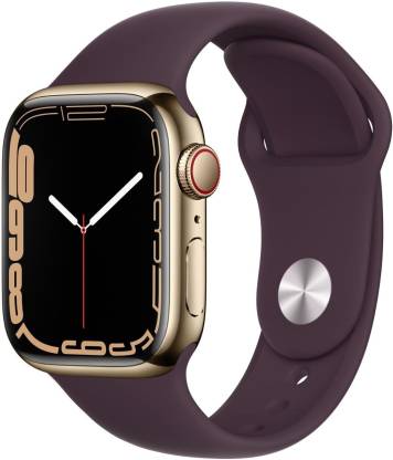 Apple Watch Series 7 GPS + Cellular, 41mm Gold Stainless Steel Case with Dark Cherry Sport Band - Regular  MKHY3HN/A